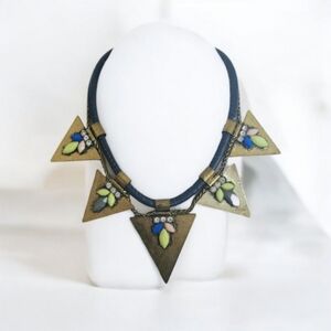 Vtg Egyptian Revival Leather Brass Triangle Statement Necklace Navy Yellow Gems